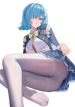 1girl ass blue_eyes blue_hair blue_nails blue_skirt bow bowtie breasts commentary fingernails highres i.r.i.s._(wuthering_waves) looking_at_viewer medium_breasts medium_hair nail_polish no_shoes panties panties_under_pantyhose pantyhose parted_lips ru_zhai shirt simple_background skirt smile solo thighband_pantyhose underwear white_background white_panties white_pantyhose white_shirt wuthering_waves yellow_bow yellow_bowtie