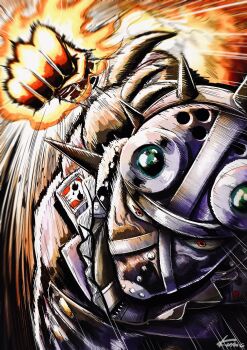 1boy artist_name clenched_hand collar fire frilled_collar frills goggles goggles_on_head highres hitting king_(one_piece) kumo_d7 leather_jumpsuit leather_mask looking_at_viewer male_focus mask motion_lines one_piece portrait red_eyes shoulder_spikes skull spikes