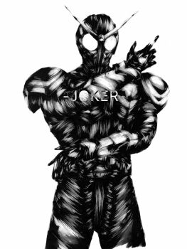 1boy absurdres armor belt character_name commentary cowboy_shot english_commentary helmet highres ink inksac kamen_rider kamen_rider_joker kamen_rider_w looking_at_viewer shoulder_armor simple_background solo tokusatsu traditional_media v-fin white_background