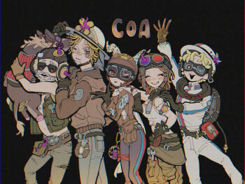 2girls 3boys :d arm_up bandaid bandaid_on_face bandaid_on_nose black_gloves blonde_hair blush boar brown_gloves brown_hair brown_jacket closed_eyes clothes_around_waist crop_top demi_bourbon demi_bourbon_(fueling_agent) facial_hair fiona_gilman fiona_gilman_(reflective_mirror) gloves goggles goggles_on_headwear grey_hair grin half-closed_eye hand_on_another&#039;s_shoulder heart highres identity_v jacket jumpsuit mike_morton mike_morton_(pumping_tires) multiple_boys multiple_girls murro_(identity_v) murro_(repairman)_(identity_v) norton_campbell norton_campbell_(highway_cavalier) old old_man one_eye_closed open_mouth red_lips scar scar_across_eye scar_on_face smile star-shaped_pupils star_(symbol) symbol-shaped_pupils tank_top tsuntenponten white_jumpsuit white_tank_top wrench