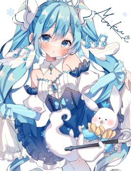 1girl 1other animal aqua_hair bare_shoulders beamed_eighth_notes clothes_lift commentary_request dress dress_lift eighth_note flat_chest fortissimo frilled_dress frills hair_ornament hatsune_miku highres lifting_own_clothes long_hair long_sleeves looking_at_viewer moyu3939 musical_note musical_note_hair_ornament official_alternate_costume official_alternate_hairstyle open_mouth puffy_long_sleeves puffy_sleeves rabbit rabbit_yukine smile snowflakes strapless strapless_dress twintails very_long_hair vocaloid white_rabbit_(animal) yuki_miku yuki_miku_(2019)