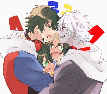 Rule 34 | 4boys, :o, black hair, blue eyes, blush, boy sandwich, brothers, colored skin, curtained hair, dark persona, faceoff, film grain, flustered, full-face blush, furrowed brow, glaring, green eyes, grey skin, hair between eyes, headphones, headphones around neck, heterochromia, highres, hug, hypnosis mic, hypnosis mic: dream rap battle, jacket, jacket over hoodie, male focus, mole, mole under eye, multicolored jacket, multiple boys, parted bangs, piercing hole, raised eyebrows, sandwiched, short hair, siblings, smirk, stare down, sweat, sweatdrop, two-tone jacket, upper body, v-shaped eyebrows, white hair, wide-eyed, yamada ichiro, yamada jiro, yamada saburo, yellow eyes, yuuma (omaeno meinichi)
