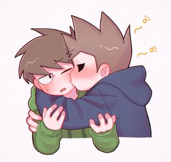 Rule 34 | 2boys, absurdres, annoyed, blue hoodie, blush, brown hair, commentary request, cropped shoulders, drunk, edd (eddsworld), eddsworld, green hoodie, highres, hollow eyes, hood, hood down, hoodie, hug, jitome, kiss, kissing cheek, long sleeves, male focus, mau (edd tom), multiple boys, one eye closed, open mouth, profile, short hair, simple background, spiked hair, tom (eddsworld), toon (style), white background, yaoi