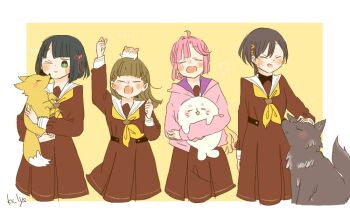 Rule 34 | 4girls, :d, ahoge, animal, anyoji hime, black hair, blonde hair, blunt bangs, blunt ends, bob cut, border, braid, brown dress, brown hair, center-flap bangs, cropped legs, dress, facing viewer, fang, fang out, flower, flower knot, gradient hair, hair flower, hair ornament, hamster, hamster on head, hasu no shoushihenkei, hasu no sora school uniform, holding, holding animal, jellyfish cut, kachimachi kosuzu, kase (ks lys), katsuragi izumi, link! like! love live!, long hair, long sleeves, love live!, medium dress, momose ginko, multi-tied hair, multicolored hair, multiple girls, neckerchief, open mouth, outside border, petting, pink hair, pleated dress, ponytail, sailor collar, sailor dress, school uniform, seal (animal), short hair, side braids, simple background, smile, squeans, triangle hair ornament, twitter username, very long hair, virtual youtuber, white border, white sailor collar, winter uniform, wolf, yellow background, yellow neckerchief