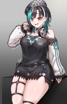 1girl absurdres aqua_hair asymmetrical_bangs bare_shoulders beret black_choker black_hair black_hat black_shirt blush braid braided_bangs choker colored_inner_hair cowboy_shot dress earrings hashtag-only_commentary hat headphones headphones_around_neck highres hololive hololive_dev_is jewelry knee_strap long_shirt long_sleeves looking_at_viewer medium_hair mole mole_on_neck multicolored_hair o-ring o-ring_thigh_strap off-shoulder_dress off-shoulder_shirt off_shoulder open_mouth purple_streaks raglan_sleeves red_eyes rindo_chihaya rindo_chihaya_(1st_costume) ring shirt short_dress sidelocks sitting skindentation smile solo spiked_hat streaked_hair swept_bangs tank_top tebingo thick_thighs thigh_strap thighs two-tone_hair virtual_youtuber white_streaks white_tank_top