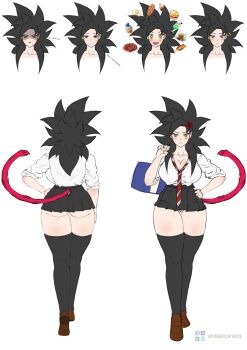Rule 34 | absurdres, ass, bag, black hair, black skirt, breasts, dragon ball, dragonball z, full body, genderswap, genderswap (mtf), highres, huge ass, large breasts, school bag, school uniform, shirt, skirt, son goku, super saiyan, super saiyan 4, tail, thick thighs, thighhighs, thighs, ukingdom1603, white background, white shirt, yellow eyes