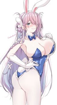 1girl animal_ears ass azur_lane back bare_shoulders blush bow braid breasts cleavage commentary_request cowboy_shot detached_collar fake_animal_ears gloves hair_over_one_eye highres huge_breasts leotard long_hair looking_at_viewer looking_back louisville_(an_order_of_dreams)_(azur_lane) louisville_(azur_lane) mikuchi3939 official_alternate_costume pantyhose pink_hair playboy_bunny rabbit_ears solo white_pantyhose