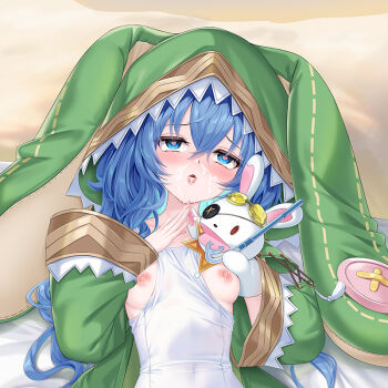 1girl animal_hood azur_lane blue_eyes blue_hair blush breasts cirnos covered_navel cum cum_on_body dakimakura_(medium) date_a_live facial green_jacket hand_puppet heart heart-shaped_pupils himekawa_yoshino himekawa_yoshino_(secret_base) hood jacket long_hair looking_at_viewer nipples official_alternate_costume one-piece_swimsuit petite puppet rabbit_hood rabbit_puppet small_breasts solo swimsuit symbol-shaped_pupils upper_body white_one-piece_swimsuit yoshinon