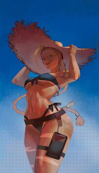 1girl agngabryel alternate_color alternate_costume ass bikini black_bikini blonde_hair blue_eyes blue_sky blush body_blush braid breasts cammy_white curvy gradient_background hat highres huge_ass long_hair lying medium_breasts official_alternate_costume parted_lips side-tie_bikini_bottom sky smile solo straw_hat street_fighter street_fighter_6 sun_hat swimsuit tan tanline thong thong_bikini twin_braids wide_hips