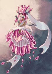 bright_pupils colored_skin commentary_request crystal diancie floating full_body fusenryo gen_6_pokemon grey_skin hand_up highres legendary_pokemon mega_diancie mega_pokemon mythical_pokemon nintendo no_humans pokemon pokemon_(creature) red_eyes solo