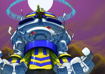 1boy absurdres anakaris armor bandages capcom colored_sclera darkstalkers extra_eyes floating glowing glowing_eyes highres levitation looking_at_viewer magic_circle male_focus minokichi_(arufooto25) moon mummy muscular muscular_male nemes pharaoh purple_sky pyramid_(structure) red_eyes sand sky solo yellow_sclera