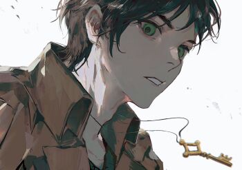 1boy brown_jacket eren_yeager erenjaeger47993 green_eyes grey_hair hashtag-only_commentary highres jacket jewelry key key_necklace looking_at_viewer male_focus military_jacket necklace parted_bangs parted_lips shingeki_no_kyojin short_hair solo upper_body white_background
