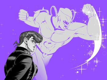 2boys abs arms_up bare_pectorals black_coat clenched_hands coat collared_coat crazy_diamond d0rii diamond_wa_kudakenai earrings gakuran heart higashikata_josuke highres jewelry jojo_no_kimyou_na_bouken looking_ahead male_focus multiple_boys open_mouth pectorals piercing pompadour popped_collar profile purple_background school_uniform short_hair sparkle stand_(jojo) stud_earrings teeth upper_body