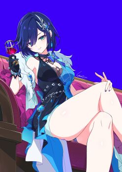1girl black_dress black_gloves blue_background blue_bow blue_dress blue_hair bow breasts commentary crossed_legs cup dress drinking_glass earrings feather_boa from_below genshin_impact gloves green_eyes hair_ornament halter_dress halterneck highres holding holding_cup jewelry kamuraaa_615 large_breasts looking_at_viewer looking_down nail_polish official_alternate_costume purple_nails signature simple_background single_glove sitting smile solo two-tone_dress wine_glass yelan_(genshin_impact) yelan_(tranquil_banquet)_(genshin_impact)