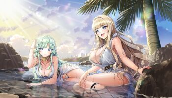2girls :d bikini blonde_hair blue_eyes breasts cleavage dolphin_wave frown game_cg green_hair hair_intakes highres kirahoshi_kanna kishimen_hair large_breasts long_hair looking_at_viewer lying marvelous multiple_girls non-web_source official_alternate_costume official_art on_stomach ootomo_takuji open_mouth outdoors palm_tree partially_submerged selena_lewis sitting smile swimsuit tree wavy_hair white_bikini