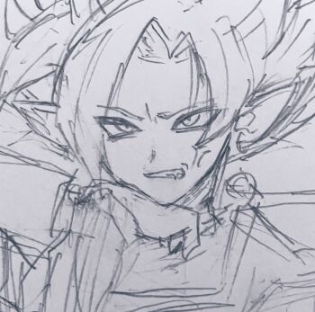 1boy anger_vein bodysuit dragon_ball dragon_ball_super earrings fused_zamasu greyscale hand_on_chin head_on_hand highres jewelry komeko1470 long_sleeves looking_ahead monochrome pointy_ears potara_earrings sharp_teeth sketch solo spiked_hair teeth traditional_media