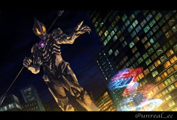 1boy absurdres alien building city_lights claws color_timer double_helix giant giga_battlenizer highres holding holding_weapon letterboxed night orange_eyes outdoors solo twitter_username ultra_series ultraman_belial ultraman_belial_atrocious ultraman_geed_(series) unreal_es weapon
