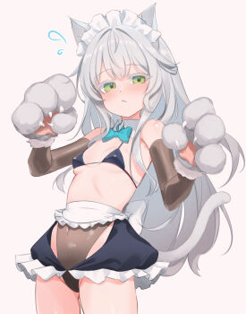1girl :&lt; absurdres alternate_costume animal_ears animal_hands apron arknights bikini blue_bikini blue_bow blue_skirt bow breasts cat_ears cat_girl cat_tail clothing_request collar commentary covered_navel detached_collar dot_nose elbow_gloves flying_sweatdrops gloves green_eyes grey_hair hair_intakes highres light_blush loli long_hair looking_at_viewer maid maid_bikini maid_headdress miniskirt navel paid_reward_available paw_gloves rosmontis_(arknights) short_apron simple_background skirt skirt_cutout small_breasts solo swimsuit symbol-only_commentary tail thighs unconventional_maid waist_apron white_background white_collar yakurope-moko