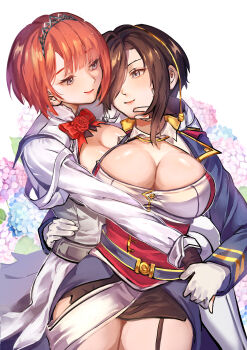 2girls absurdres ark_royal_(azur_lane) ark_royal_(kancolle) azur_lane black_hair blue_eyes bob_cut breasts cleavage commission couple crossover flower gloves hair_over_one_eye highres historical_name_connection hug hug_from_behind inverted_bob kantai_collection large_breasts long_sleeves makamoreee multiple_girls name_connection red_flower red_hair rose selfcest short_hair smile tiara yuri