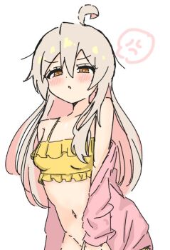 1girl ahoge anger_vein blonde_hair blush bra breasts brown_eyes collarbone convenient_censoring covering_privates double-parted_bangs frilled_bra frills hair_between_eyes hashtag-only_commentary jacket jacket_partially_removed long_hair long_sleeves midriff navel no_panties onii-chan_wa_oshimai! oyama_mahiro parted_lips pink_jacket roa_kyabetu simple_background solo speech_bubble spoken_anger_vein underwear v-shaped_eyebrows white_background yellow_bra