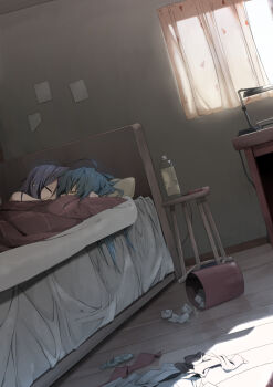 00s 2girls aftersex ahoge bed bedroom blue_hair bottle cellphone clothes_on_floor couple desk dutch_angle hiiragi_kagami indoors izumi_konata kawaisou lamp long_hair lucky_star multiple_girls phone purple_hair shared_blanket sleeping tissue trash under_covers used_tissue yuri