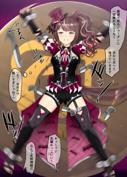 1girl animal_ears bat_hat_ornament black_shorts blue_eyes blush brooch brown_hair clenched_teeth combat_knife facing_viewer fingerless_gloves garter_straps gloves half-closed_eyes halloween_costume hat hat_ornament highres horse_ears horse_girl horse_tail jewelry knife long_hair mini_hat mini_top_hat motion_blur multicolored_hair nail_polish nervous official_alternate_costume outstretched_arms outstretched_legs parted_bangs ponytail poopy puffy_short_sleeves puffy_sleeves restrained short_shorts short_sleeves shorts side_ponytail single_garter_strap solo spinning spread_legs stationary_restraints straight-on tail teeth thighhighs throwing_knife tilted_headwear toenail_polish toenails toes top_hat tosen_jordan_(highkey_hallowed)_(umamusume) tosen_jordan_(umamusume) translation_request two-tone_hair umamusume weapon