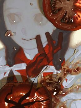 Rule 34 | 1girl, closed mouth, gtsleep1200, hair ribbon, hand up, highres, juice, long hair, original, ribbon, solo, tomato, tomato juice, tomato slice, watermark