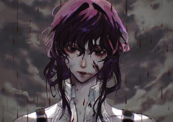 Rule 34 | 1girl, 5564ma, blood, blood on face, closed mouth, collared shirt, expressionless, highres, honkai: star rail, honkai (series), kafka (honkai: star rail), portrait, purple hair, rain, shirt, solo, white shirt