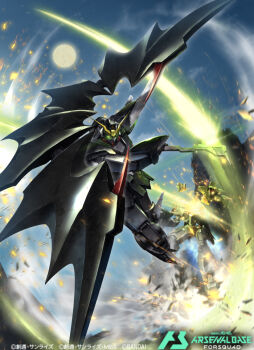beam_scythe card_(medium) copyright_logo copyright_name copyright_notice energy_axe gundam gundam_arsenal_base gundam_deathscythe_hell_custom gundam_wing gundam_wing:_endless_waltz holding holding_weapon logo mecha mobile_suit official_art robot scythe soezy weapon
