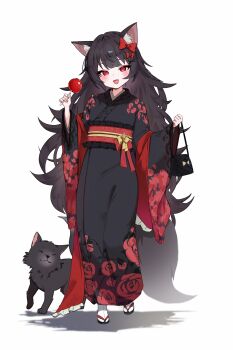 1girl :d absurdres animal animal_ear_fluff animal_ears black_bag black_kimono black_sandals blush bow commentary fang floral_print food full_body hair_bow hair_ornament ham_(hamparty) hand_up highres holding holding_food japanese_clothes kimono long_hair long_sleeves looking_at_viewer multicolored_kimono open_mouth original red_bow red_eyes red_kimono rose_print sandals simple_background skin_fang smile socks standing tail two-tone_kimono very_long_hair white_background white_socks wide_sleeves wolf wolf_ears wolf_girl wolf_tail x_hair_ornament yukata