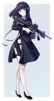 1girl angel_ina assault_rifle black_hair green_eyes gun hair_intakes high_heels highres holding holding_gun holding_weapon light_smile long_hair m4_carbine original rifle sheath sheathed side_slit simple_background solo thigh_sheath trigger_discipline vertical_foregrip weapon weapon_request