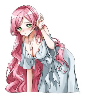 blush breasts cleavage dress flower flower_necklace green_eyes hanazono_hahari highres jewelry kimi_no_koto_ga_dai_dai_dai_dai_daisuki_na_100-nin_no_kanojo large_breasts long_hair looking_at_viewer low-cut mature_female mole mole_under_eye necklace necklace_between_breasts nightgown pink_hair rentarou_family ringlets simple_background sosii_79 white_dress