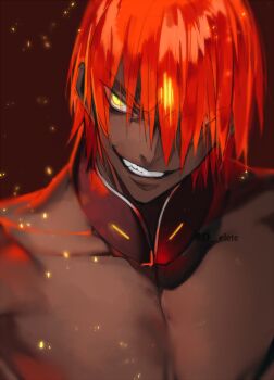 Rule 34 | 1boy, ashwatthama (fate), au (d elete), bad id, bad pixiv id, check copyright, clenched teeth, collarbone, copyright request, dark-skinned male, dark skin, fate (series), hair over one eye, looking to the side, male focus, muscular, muscular male, open mouth, orange hair, pectorals, portrait, short hair, slit pupils, solo, teeth, topless male, yellow eyes