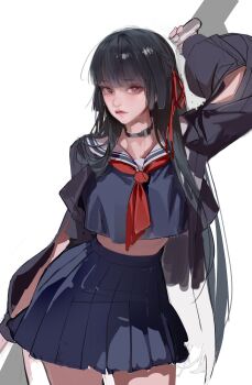 1girl absurdres arm_up black_choker black_hair blue_serafuku blue_shirt blue_skirt character_request check_character check_copyright chisa_(wuthering_waves) choker copyright_request cowboy_shot crop_top cropped hair_ribbon highres lizchief long_hair looking_at_viewer neckerchief parted_lips pink_lips pleated_skirt red_neckerchief red_ribbon ribbon sailor_collar school_uniform serafuku shirt simple_background sketch skirt solo standing white_background white_sailor_collar wuthering_waves