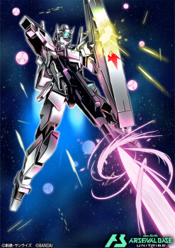 aqua_eyes beam_rifle copyright_logo copyright_notice energy_gun g-exes gun gundam gundam_age gundam_arsenal_base holding holding_gun holding_shield holding_weapon humanoid_robot logo mecha mobile_suit no_humans official_art print_shield robot shield shimashun solo weapon