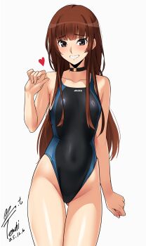 1girl absurdres amagami bare_shoulders black_choker black_one-piece_swimsuit blue_one-piece_swimsuit blush breasts brown_eyes brown_hair choker competition_swimsuit covered_navel dated highleg highleg_one-piece_swimsuit highres kamizaki_risa long_hair looking_at_viewer multicolored_swimsuit one-piece_swimsuit ring_light_reflection signature simple_background small_breasts smile solo swimsuit two-tone_swimsuit white_background yoo_tenchi