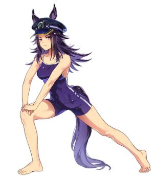 1girl animal_ears artist_request bare_legs barefoot black_hat breasts closed_mouth collarbone dot_nose feet female_focus fenomeno_(umamusume) full_body hat highres horse_ears horse_girl horse_tail horseshoe_hat_ornament horseshoe_ornament large_breasts legs long_hair looking_at_viewer navel no_bra one-piece_swimsuit purple_eyes purple_hair purple_one-piece_swimsuit purple_tail sexually_suggestive simple_background sleeveless solo solo_focus stretching swimsuit tail thighs toes tracen_swimsuit umamusume white_background