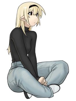 1girl absurdres blonde_hair brown_eyes commentary denim english_commentary full_body hairband highres hira_(yirtios) indian_style jeans long_hair long_sleeves looking_ahead original pants pointy_ears shirt_tucked_in sitting sleeves_past_wrists solo turtleneck yirtios