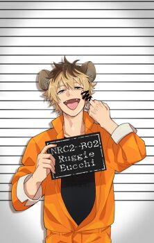 Rule 34 | 1boy, blonde hair, blue eyes, commentary request, con potata, cowboy shot, fangs, hands up, highres, holding, holding sign, hyena boy, hyena ears, jumpsuit, looking at viewer, male focus, middle finger, mugshot, open mouth, orange jumpsuit, prison clothes, ruggie bucchi, short hair, sign, twisted wonderland, white background