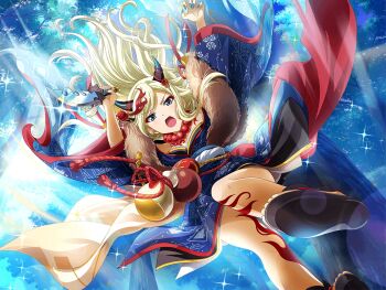 1girl bead_necklace beads blonde_hair blue_eyes blue_kimono blue_nails cosplay dagger demon_horns eyeliner fake_horns fake_nails falling floating_hair floral_print game_cg hair_ornament holding holding_dagger holding_knife holding_weapon horns japanese_clothes japanese_mythology jewelry kimono knife leg_tattoo long_hair long_sleeves looking_at_viewer makeup necklace official_art open_mouth red_eyeliner sandals shoujo_kageki_revue_starlight shoujo_kageki_revue_starlight_-re_live- shuten_douji_(mythology) shuten_douji_(mythology)_(cosplay) solo tattoo urn weapon wide_sleeves yumeoji_fumi