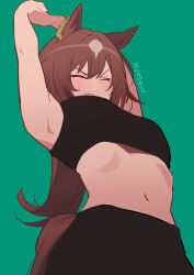 Rule 34 | 1girl, animal ears, armpits, arms up, breasts, brown hair, closed eyes, closed mouth, crop top, ear ornament, green background, hair between eyes, highres, horse ears, horse girl, horse tail, long hair, midriff, mukakin, multicolored hair, navel, simple background, sirius symboli (umamusume), solo, sports bra, stomach, tail, umamusume, white hair