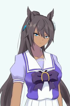 1girl absurdres animal_ears black_hair blue_eyes bow bowtie breasts closed_mouth commentary_request dark-skinned_female dark_skin ear_ornament earrings fukai_asase hair_between_eyes highres horse_ears horse_girl horseshoe_ornament jewelry large_breasts long_hair looking_at_viewer pleated_skirt ponytail purple_bow purple_bowtie purple_sailor_collar purple_serafuku purple_shirt purple_skirt sailor_collar sailor_shirt school_uniform serafuku shirt short_sleeves simple_background single_earring skirt solo split_ponytail summer_uniform symboli_kris_s_(umamusume) tail tracen_school_uniform umamusume upper_body very_long_hair white_background
