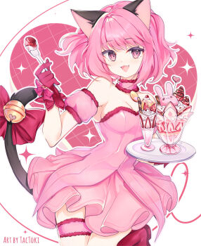 1girl absurdres animal_ears bare_shoulders bell blush bow breasts cat_ears cat_girl cat_tail cleavage collarbone commentary_request dress food frilled_thigh_strap fruit gloves highres holding holding_plate holding_spoon ice_cream large_breasts medium_breasts mew_ichigo momomiya_ichigo open_mouth pink_bow pink_dress pink_eyes pink_gloves pink_hair plate smile solo spoon strapless strapless_dress strawberry strawberry_slice tactoki tail tail_bell tail_ornament thigh_strap tokyo_mew_mew