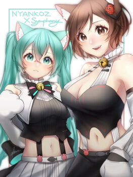 2girls absurdres after0217 animal_ear_fluff animal_ears animal_hands aqua_eyes aqua_hair bare_shoulders bell black_bow black_skirt bow breasts brown_eyes brown_hair cat_ears cat_girl cat_paws cleavage closed_mouth commentary_request dress flower hair_flower hair_ornament hatsune_miku high_collar highres jewelry large_breasts long_hair looking_at_viewer medium_breasts meiko_(vocaloid) miku_symphony_(vocaloid) multiple_girls navel neck_bell open_mouth red_flower red_rose rose short_hair skirt sleeveless sleeveless_dress smile stomach twintails upper_body very_long_hair vocaloid white_skirt