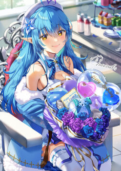 1girl ahoge balloon bare_shoulders birthday blue_coat blue_flower blue_hair blue_rose blurry blurry_background blush boots bouquet braid breasts cake cake_slice chair cleavage cleavage_cutout closed_mouth clothing_cutout coat cocktail_glass collarbone colored_tips commentary_request corset cup dessert drinking_glass elf flower food frilled_skirt frills fur_trim hair_between_eyes hair_flower hair_ornament happy_birthday hat heart heart_ahoge heart_balloon highres holding holding_bouquet hololive large_breasts long_hair long_sleeves looking_at_viewer momone_cco multicolored_hair off_shoulder on_chair pointy_ears purple_flower ribbon rose side_braid signature sitting skirt snowflake_print solo thighhighs very_long_hair virtual_youtuber white_flower white_hat white_thighhighs wine_glass yellow_eyes yukihana_lamy yukihana_lamy_(1st_costume)