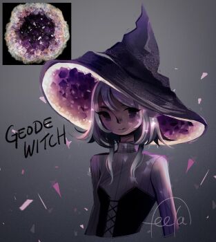 Rule 34 | 1girl, colored blush, corset, crystal, dark-skinned female, dark skin, feefal, gem, geode, hat, highres, object and personification, original, personification, procreate (medium), purple blush, purple gem, quartz (gemstone), smile, solo, witch, witch hat