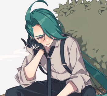 1girl aqua_hair blush cigarette commentary_request gloves long_hair miri_(cherryjelly) necktie nintendo pokemon ponytail red_eyes rika_(pokemon) sitting solo suspenders