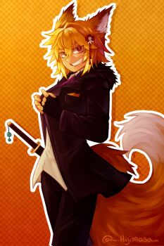 1girl animal_ear_fluff animal_ears artist_name black_gloves black_jacket black_pants blonde_hair breasts brown_eyes checkered_background commentary_request cowboy_shot double-parted_bangs fingerless_gloves fox_ears fox_girl fox_tail gloves grin hair_between_eyes hair_ornament highres hijimasa jacket long_sleeves looking_at_viewer medium_breasts original outline pants roblox sheath sheathed short_hair smile solo spanish_commentary sword tail weapon white_outline yellow_background