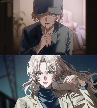 1boy 1girl absurdres age_comparison aqua_eyes black_hat blonde_hair blood blood_on_face blurry blurry_background commentary_request curtained_hair finger_to_mouth hat highres kuga_huna lapels meitantei_conan murder notched_lapels parted_bangs peaked_cap red_lips scene_reference shushing spoilers vermouth_(meitantei_conan)