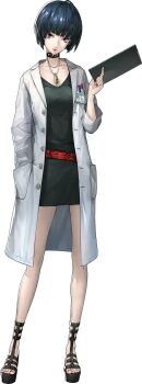 1girl black_hair bob_cut brown_eyes clipboard collar feet full_body highres id_card jewelry lab_coat legs nail_polish necklace official_art persona persona_5 red_nails sandals short_hair soejima_shigenori solo studded_collar takemi_tae third-party_source toenail_polish toenails toes transparent_background